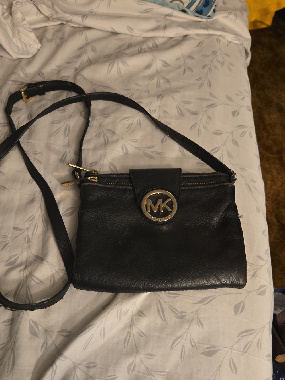 Michael Kors Black Leather Crossbody with Gold MK Emblem